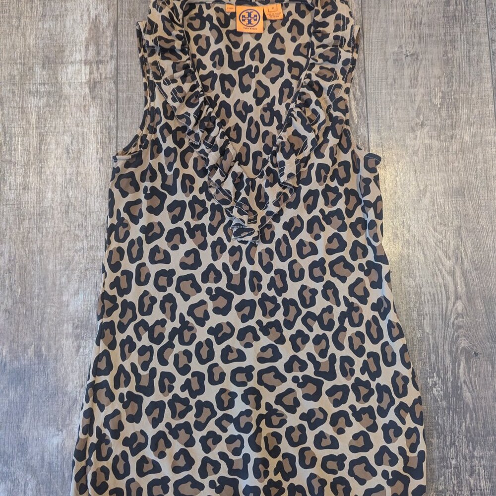 Tory Burch Women's Silk Sleeveless Ruffle Tank Top Leopard Print Size 12